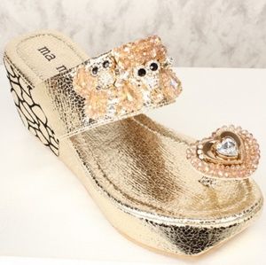 Gold Wedge/ Platform Owl Rhinestone Heart